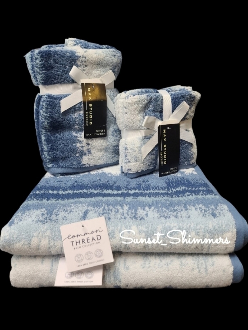 8pc Max Studio Cotton Bath Hand Washcloth Towel Set Blue White Ombre NEW